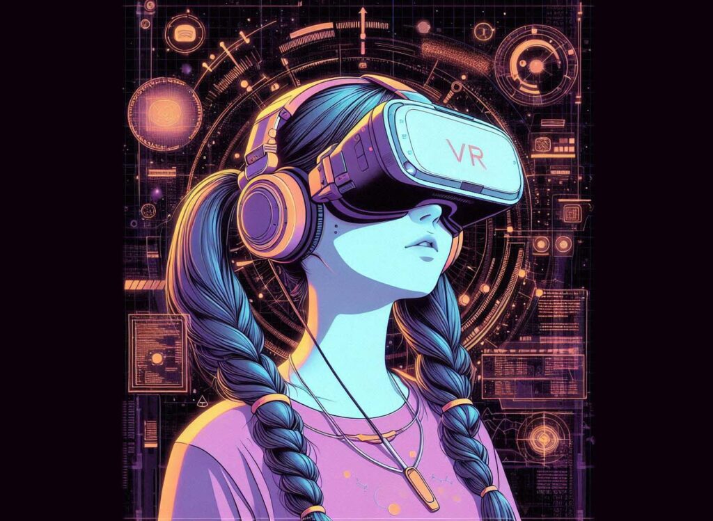 Futuristic smart city skyline with AI-powered technology, virtual reality headsets, and augmented reality holograms blending into daily life.