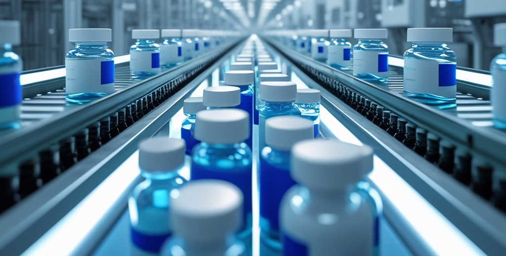 US tariffs 2025: Modern pharmaceutical manufacturing facility with automated production line of medicine bottles and vials, representing US drug import dependency and potential tariff impacts on medicine costs.