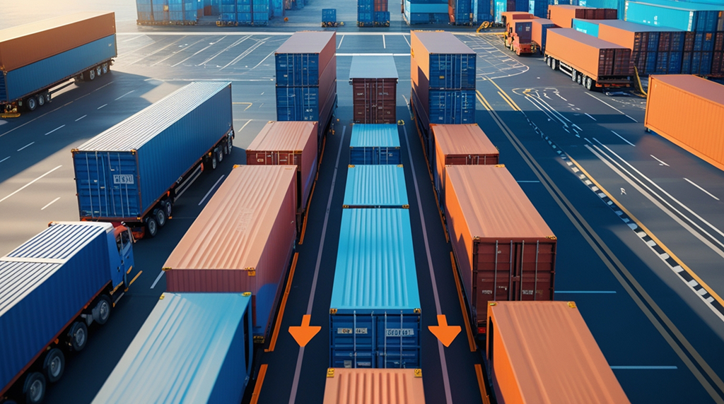 US tariffs 2025: Large shipping containers at busy port terminal with trucks and cranes, illustrating global trade logistics that could be impacted by new US import tariffs on heavy trucks and transportation