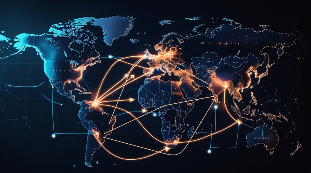 US tariffs 2025: World map showing illuminated global trade routes and connections between continents, illustrating US strategic shift toward Africa and Latin America trade partnerships in 2025