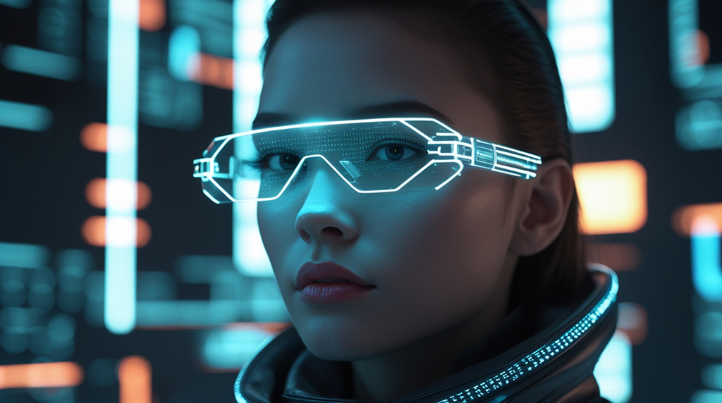 Futuristic AR glasses concept showcasing virtual reality interface and neon tech design.