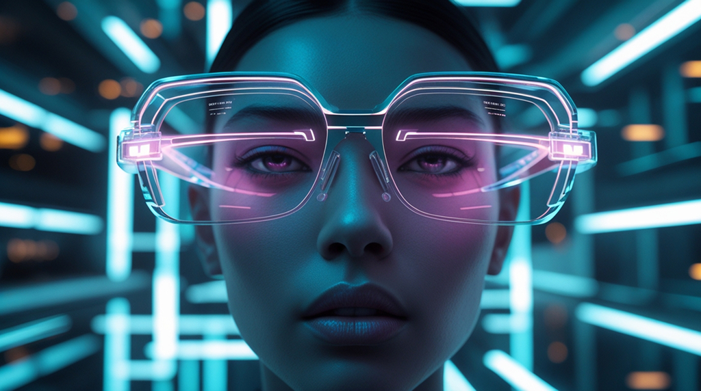 Futuristic AR glasses concept showcasing virtual reality interface and neon tech design.