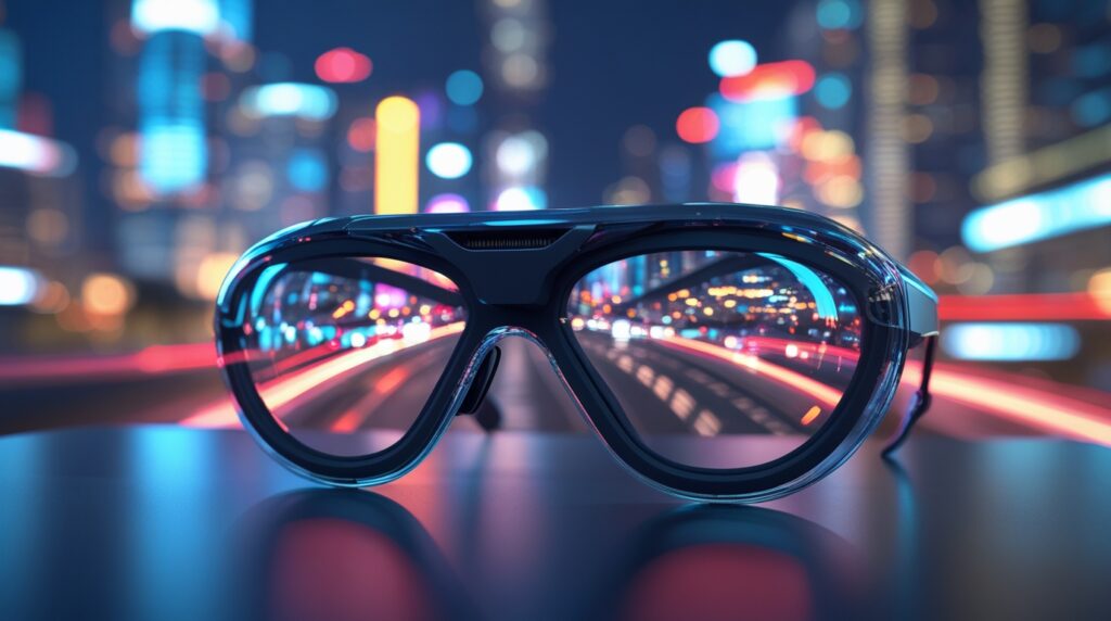 Futuristic AR glasses concept showcasing virtual reality interface and neon tech design.