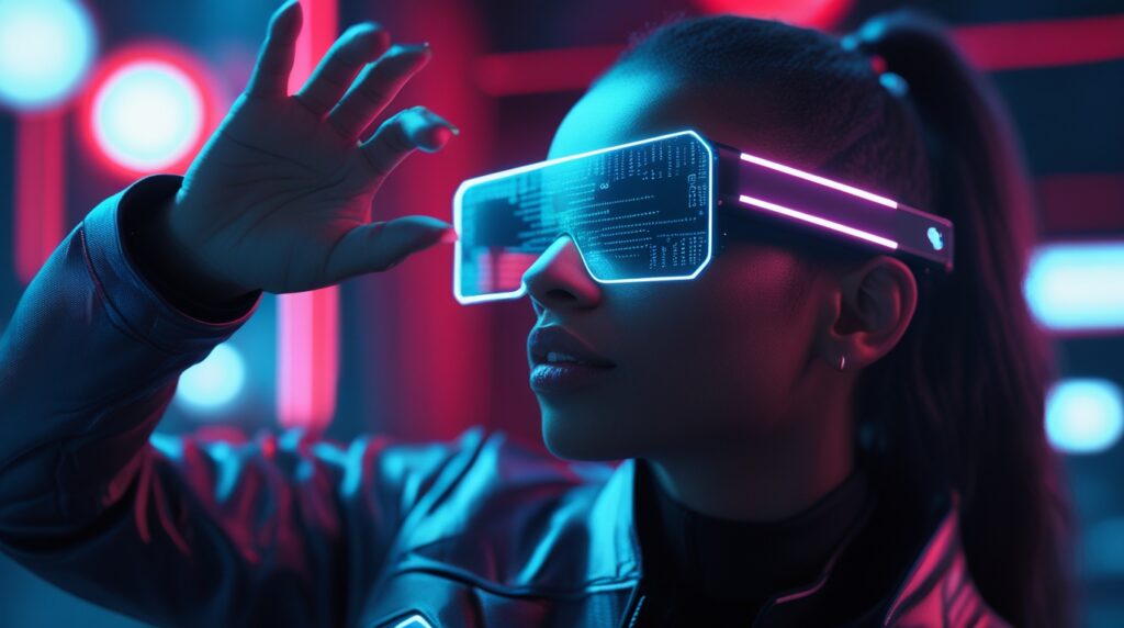 Futuristic AR glasses concept showcasing virtual reality interface and neon tech design.