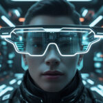 Futuristic AR glasses concept showcasing virtual reality interface and neon tech design.