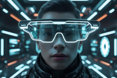 Futuristic AR glasses concept showcasing virtual reality interface and neon tech design.