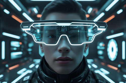 Futuristic AR glasses concept showcasing virtual reality interface and neon tech design.