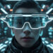 Futuristic AR glasses concept showcasing virtual reality interface and neon tech design.