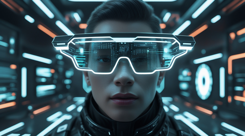 Futuristic AR glasses concept showcasing virtual reality interface and neon tech design.