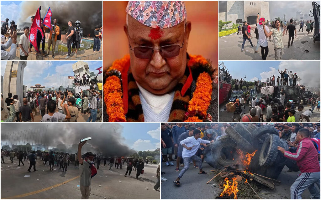 Collage of Nepal protests 2025 showing street clashes, burning tires, and political unrest after Prime Minister Oli’s resignation.