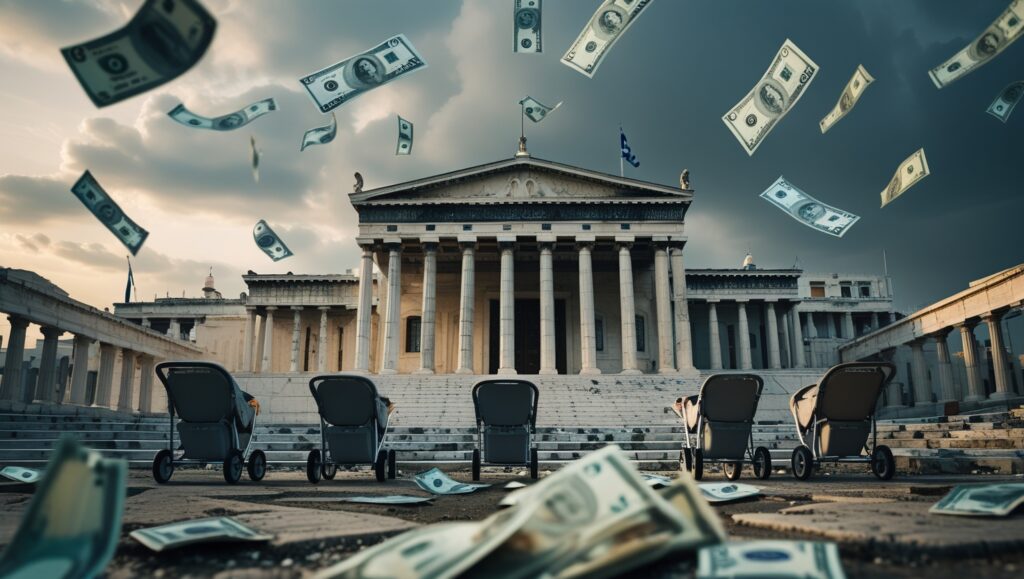 "Greek Parliament building with euro bills falling from the sky and empty baby strollers in the foreground, symbolizing government financial incentives for birth rates amidst a demographic crisis."