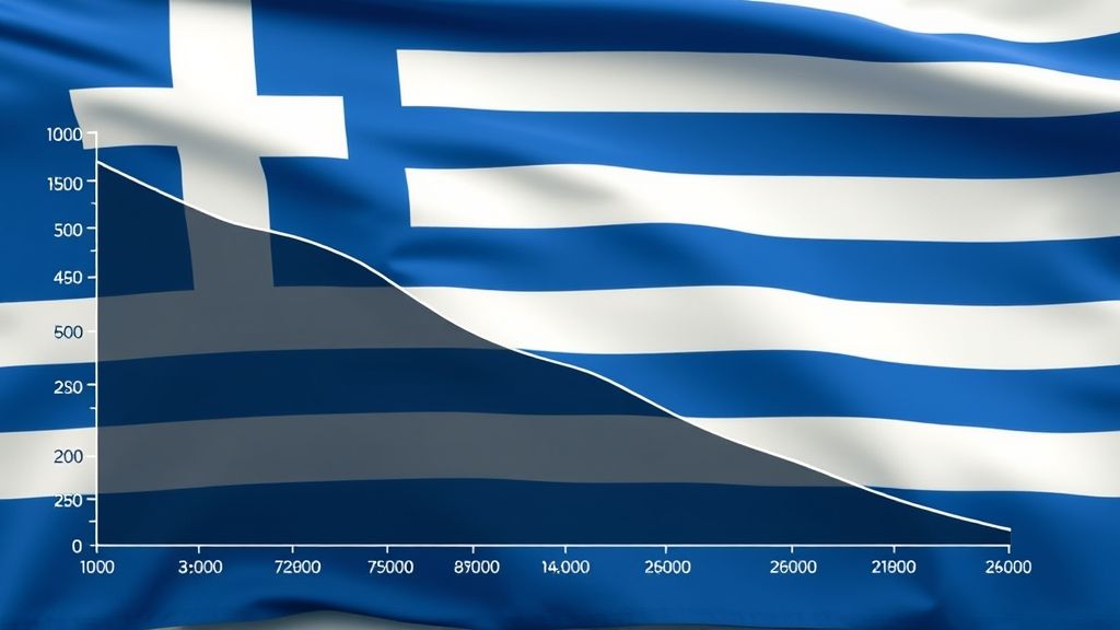 A symbolic graph showing a sharp decline in population, overlaid on a faded Greek flag, illustrating Greece's demographic crisis and plummeting birth rates.