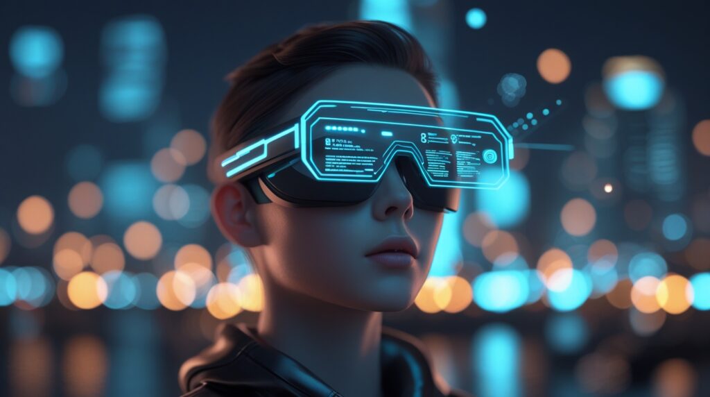 Futuristic AR glasses concept showcasing virtual reality interface and neon tech design.