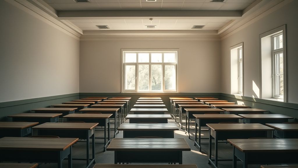 An empty, silent classroom with rows of desks and chairs, symbolizing closed schools and the profound absence of children due to Greece's demographic collapse.