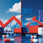 US trade policy illustration showing shipping containers, trucks, and American flag with upward trending arrows representing new tariffs on pharmaceutical and heavy truck imports