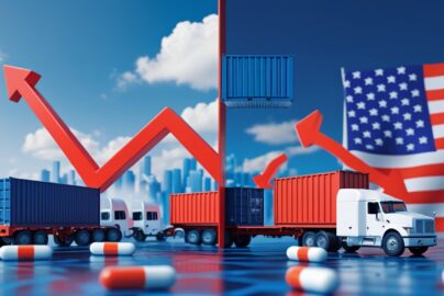 US trade policy illustration showing shipping containers, trucks, and American flag with upward trending arrows representing new tariffs on pharmaceutical and heavy truck imports
