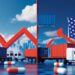 US trade policy illustration showing shipping containers, trucks, and American flag with upward trending arrows representing new tariffs on pharmaceutical and heavy truck imports