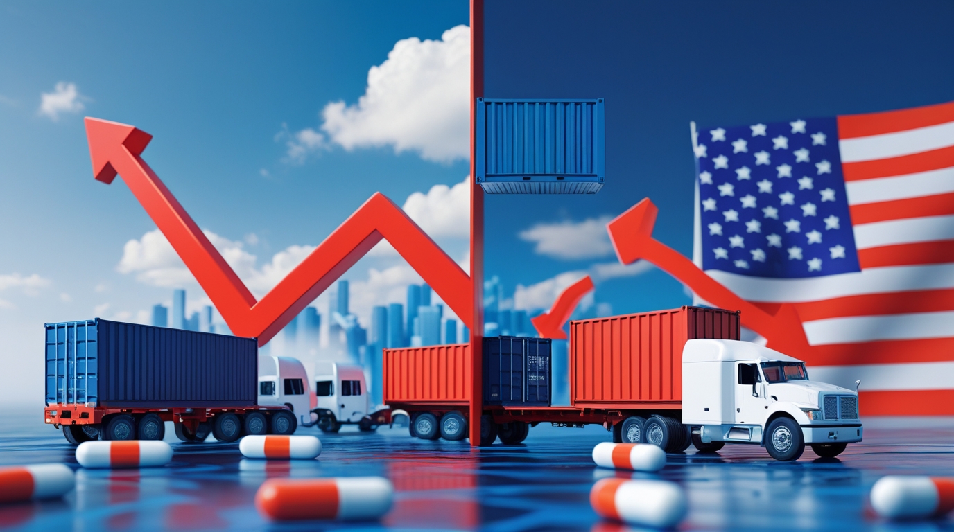 US trade policy illustration showing shipping containers, trucks, and American flag with upward trending arrows representing new tariffs on pharmaceutical and heavy truck imports