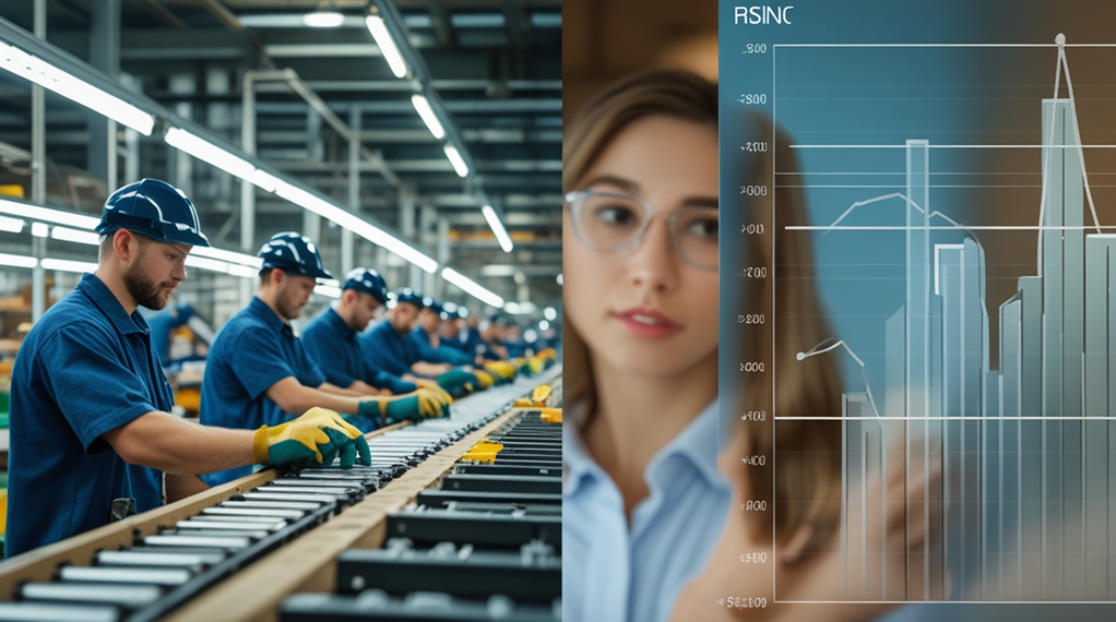 Composite image showing manufacturing workers on assembly line, upward trending business charts, and professional businesswoman analyzing data, representing jobs, innovation, and economic growth from US tariff policies