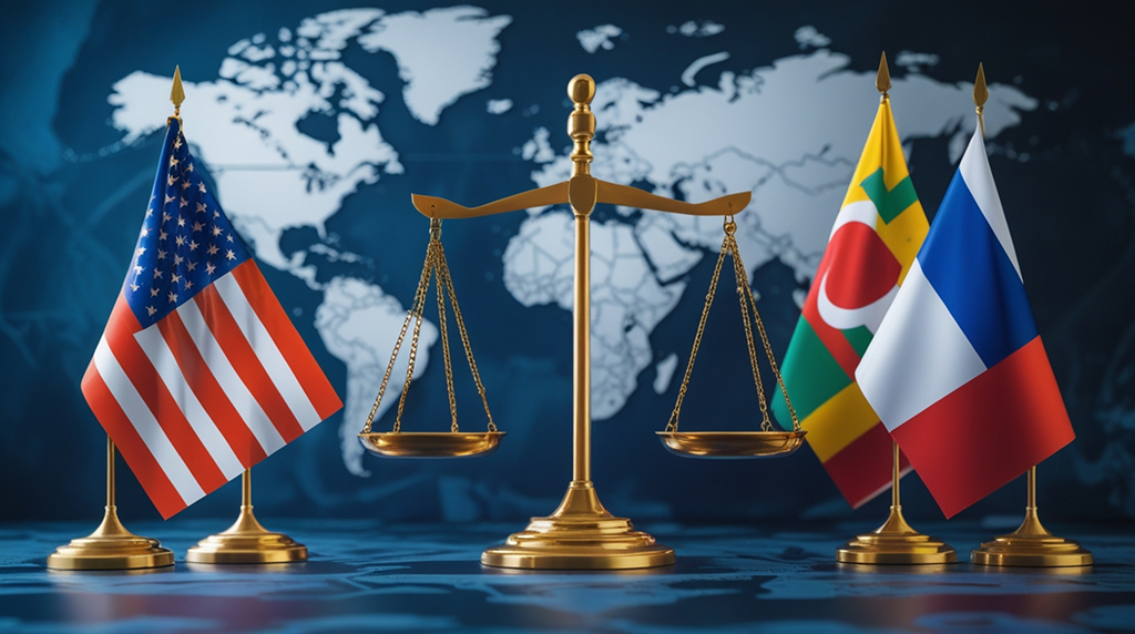 US tariffs 2025: Golden scales of justice balancing American flag against multiple international flags with world map background, representing US diplomatic challenge of balancing domestic interests with global alliances amid 2025 tariff policies.