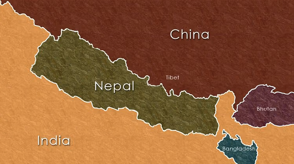 Map showing Nepal's strategic geographic location between China and India highlighting regional geopolitical significance during political crisis
