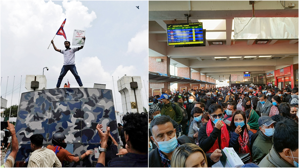 Crowded indoor public space in Nepal showing disrupted daily life during political crisis with people wearing masks for safety