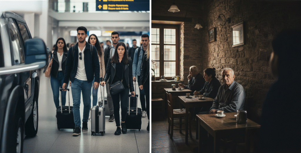 Split scene showing young Greeks with suitcases at an airport leaving, juxtaposed with elderly Greeks sitting alone in a quiet café, symbolizing brain drain and an aging population.