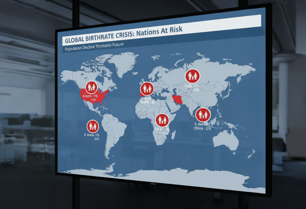 A 3D world map showing Greece, Italy, Spain, South Korea, and China marked with red warning symbols and charts indicating population decline, in a modern news infographic style.