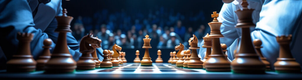 AI-generated image showing an intense, high-stakes competitive chess match between Grandmasters.