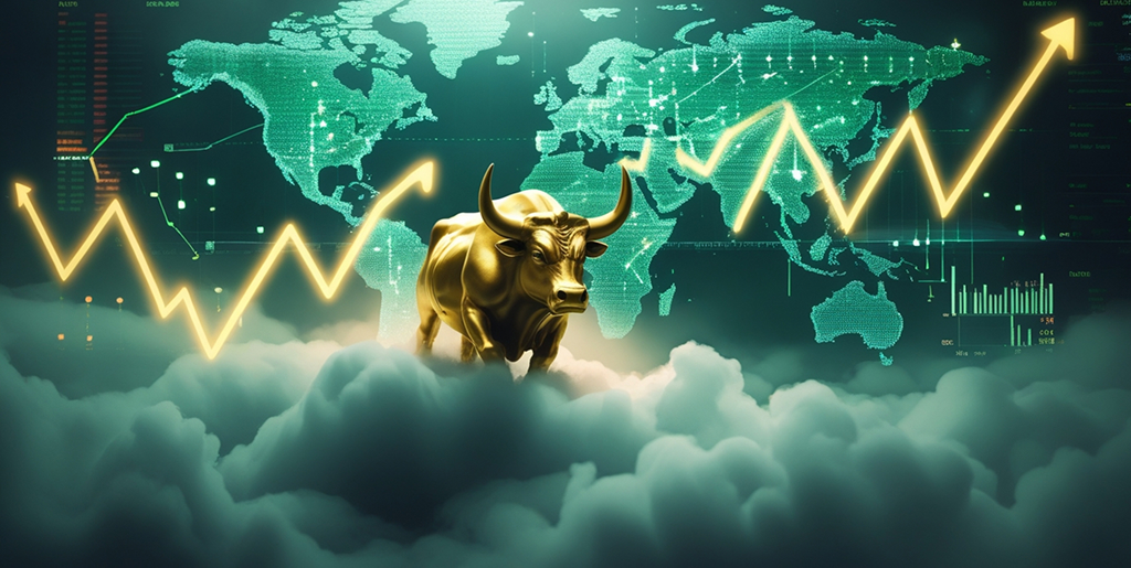 A bull figure stands on a pedestal against turbulent green-tinted clouds with downward-trending golden chart lines