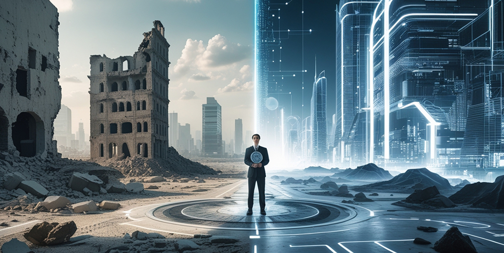 A lone figure stands in a post-apocalyptic cityscape with destroyed buildings and massive blue energy beams piercing the sky
