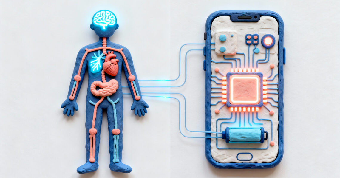 Illustration comparing human biological systems with smartphone internal systems, showing how AI devices mirror human body functions.