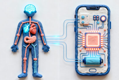 Illustration comparing human biological systems with smartphone internal systems, showing how AI devices mirror human body functions.