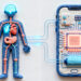 Illustration comparing human biological systems with smartphone internal systems, showing how AI devices mirror human body functions.