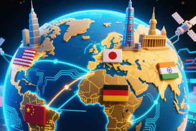 Top economies 2025 global visualization featuring world map with interconnected networks, flags of USA, China, Japan, Germany, and India, representing $120 trillion global GDP and international trade connections among leading economic powerhouses