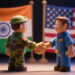 Indian and American military officials shaking hands in front of national flags, symbolizing a new 10-year defense partnership.
