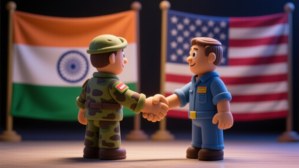 Indian and American military officials shaking hands in front of national flags, symbolizing a new 10-year defense partnership.