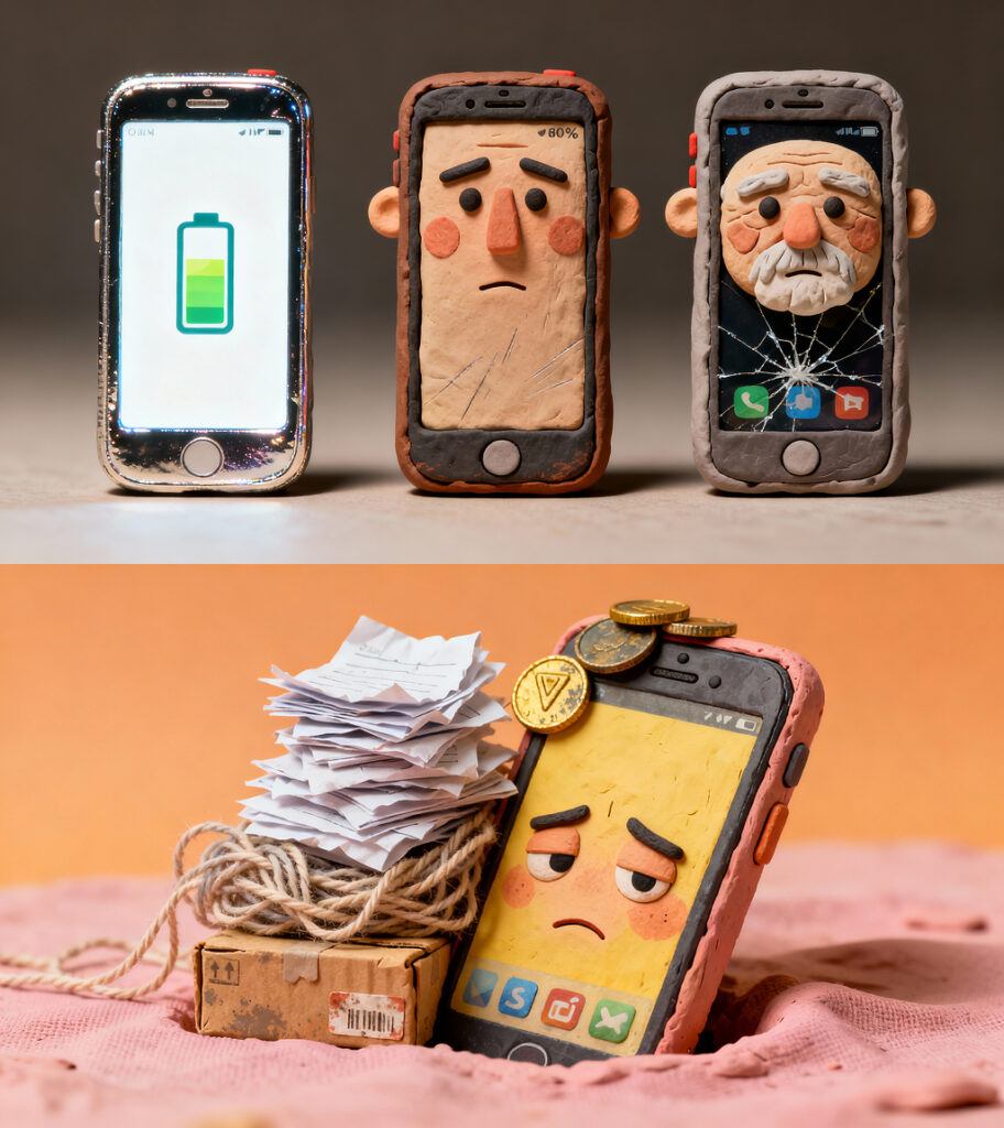 Aging smartphones with tired human faces showing battery degradation and device mortality over time