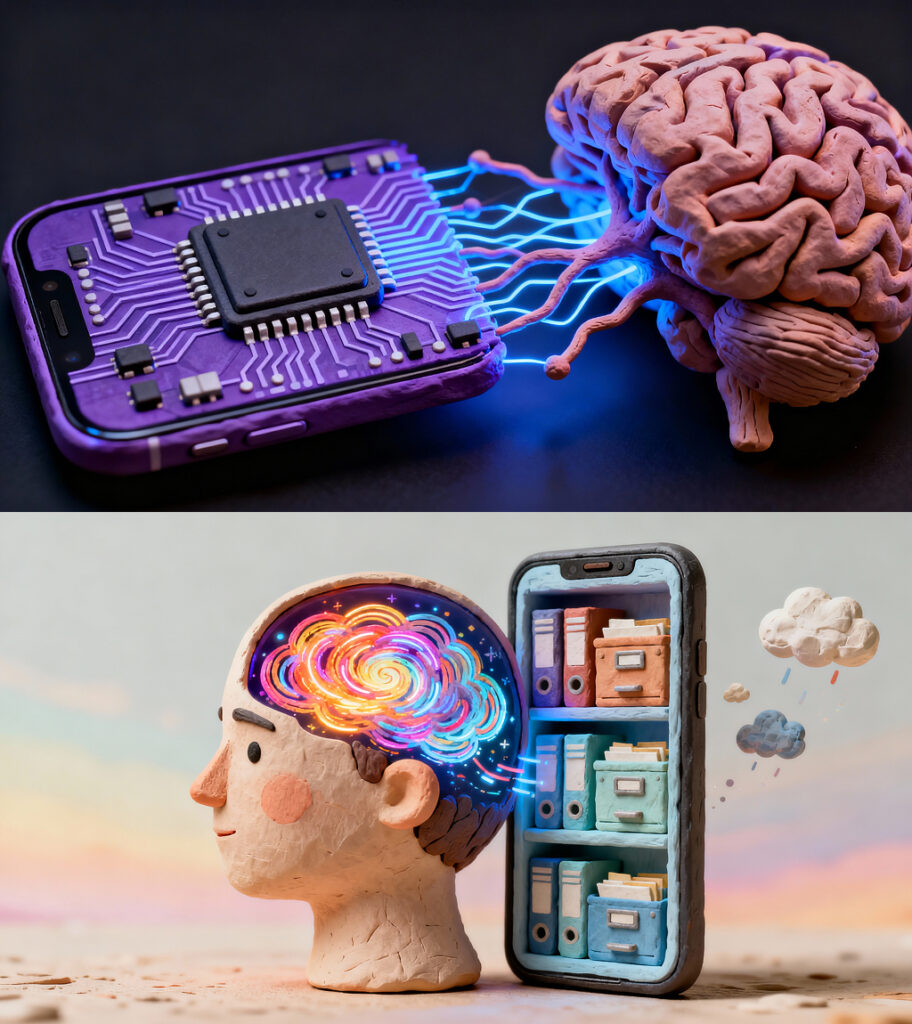Conceptual illustration comparing human brain to smartphone processor, showing how AI devices mirror biological neural architecture in 2025