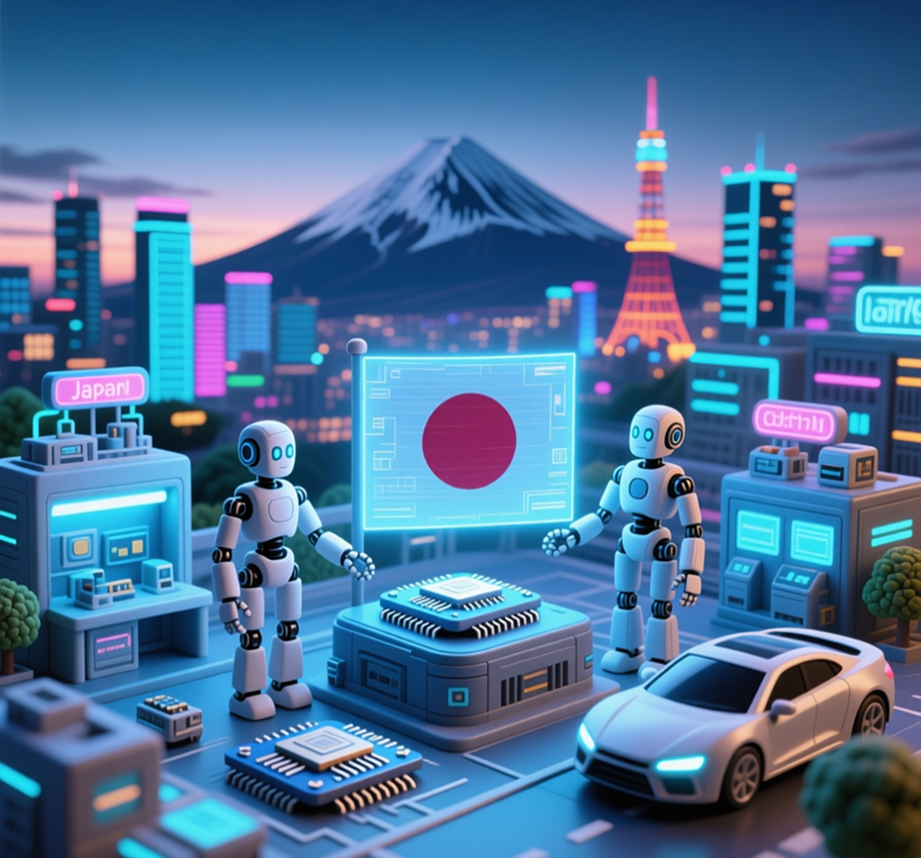 Top economies 2025 Japan visualization featuring Mount Fuji, Tokyo Tower, Japanese flag, industrial robots, Toyota vehicles, and high-tech manufacturing representing Japan's $6 trillion economy and robotics leadership