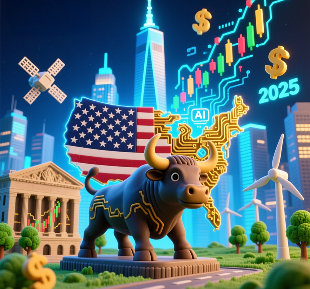 Top economies 2025 visualization showing US economic growth with bull market symbols, American flag, skyscrapers, and financial charts representing Wall Street dominance