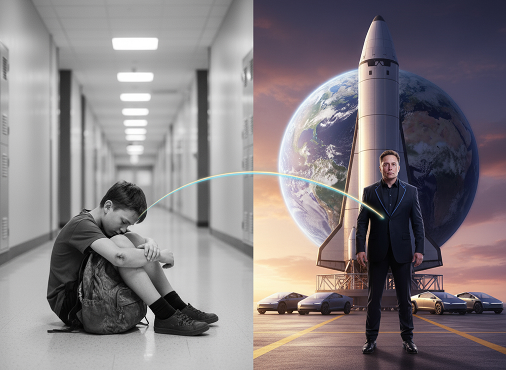 Split image showing a young boy sitting alone against a school hallway wall on the left, and a silhouette of a person standing confidently against a large glowing moon on the right
