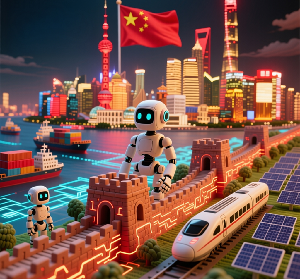 Top economies 2025 China visualization showing manufacturing dominance with Great Wall, Chinese flag, solar panels, electric vehicles, high-speed rail, and modern infrastructure representing China's $22 trillion economy