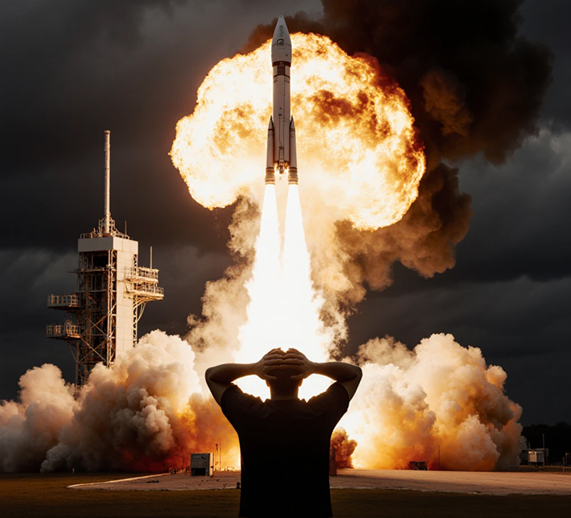 Silhouette of a person with raised arms against a massive explosion during a rocket launch, with the launch pad and rocket visible on the left side amid billowing smoke and flames