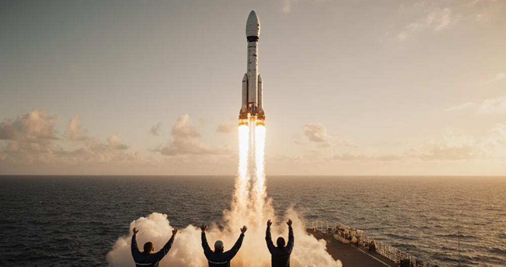 Three people in silhouette watch a rocket launch into the sky, with bright flames and exhaust trail visible as the rocket ascends over a distant horizon at dawn or dusk