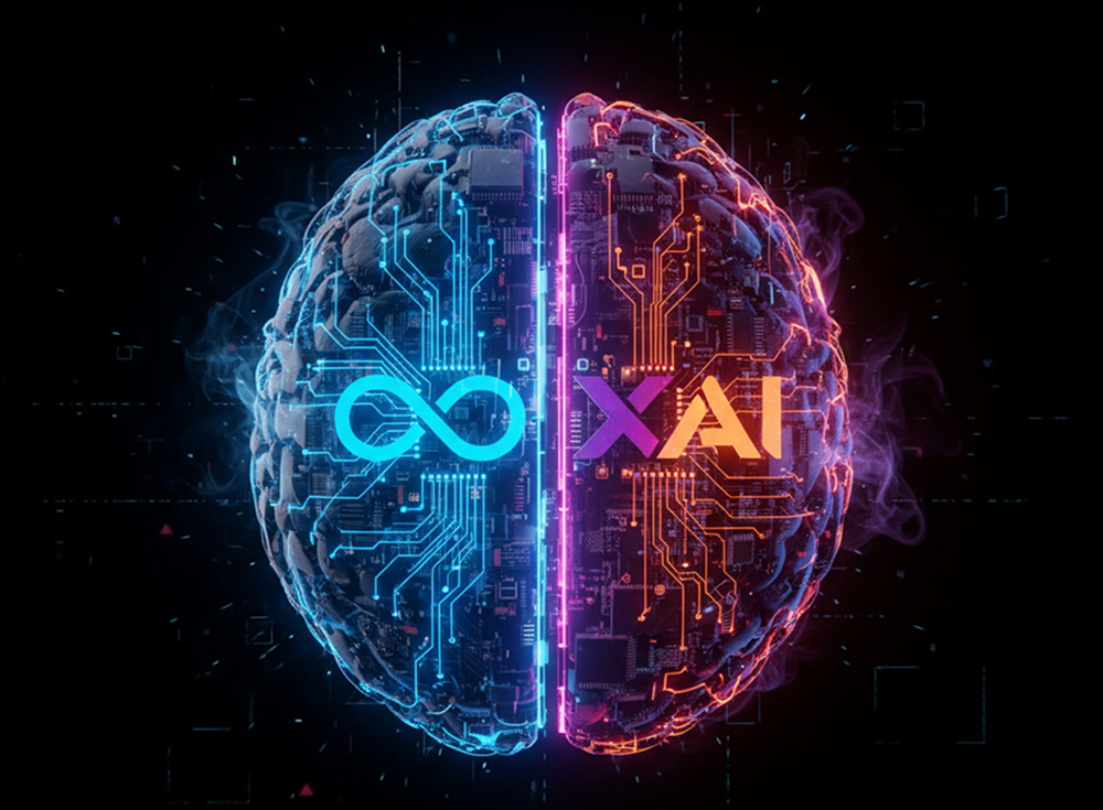 Digital illustration of a human brain split into two halves: the left side glows in blue with an infinity symbol representing traditional programming, while the right side glows in red/orange with 'AI' text representing artificial intelligence