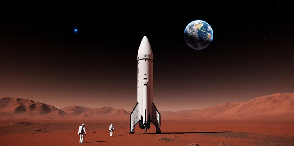 White rocket spacecraft standing on red Martian surface with Earth visible as a blue sphere in the dark starry sky above, depicting future interplanetary travel