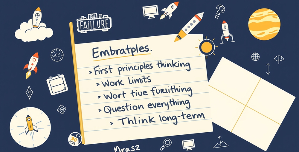 Flat lay composition on dark blue background featuring notecard titled 'Goals' listing activities including 'Craft personally thanking notes,' 'Learn French,' 'Read more books,' 'Question everything,' and 'THINK long term,' surrounded by decorative elements like coffee cup, pencils, coins, clips, and celestial icons