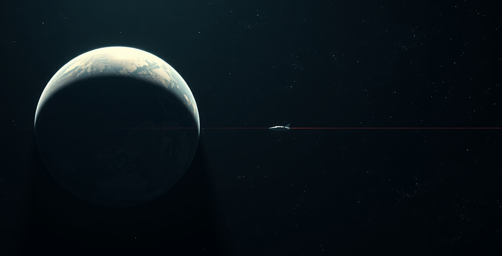 Dark space scene showing a large crescent-lit planetary body or moon in the foreground with a small spacecraft silhouette visible in the distance against the black void of space