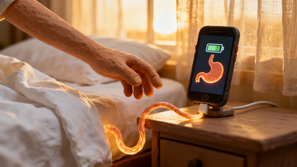 A smartphone on a bedside table charging in the morning with a person’s hand reaching for it.